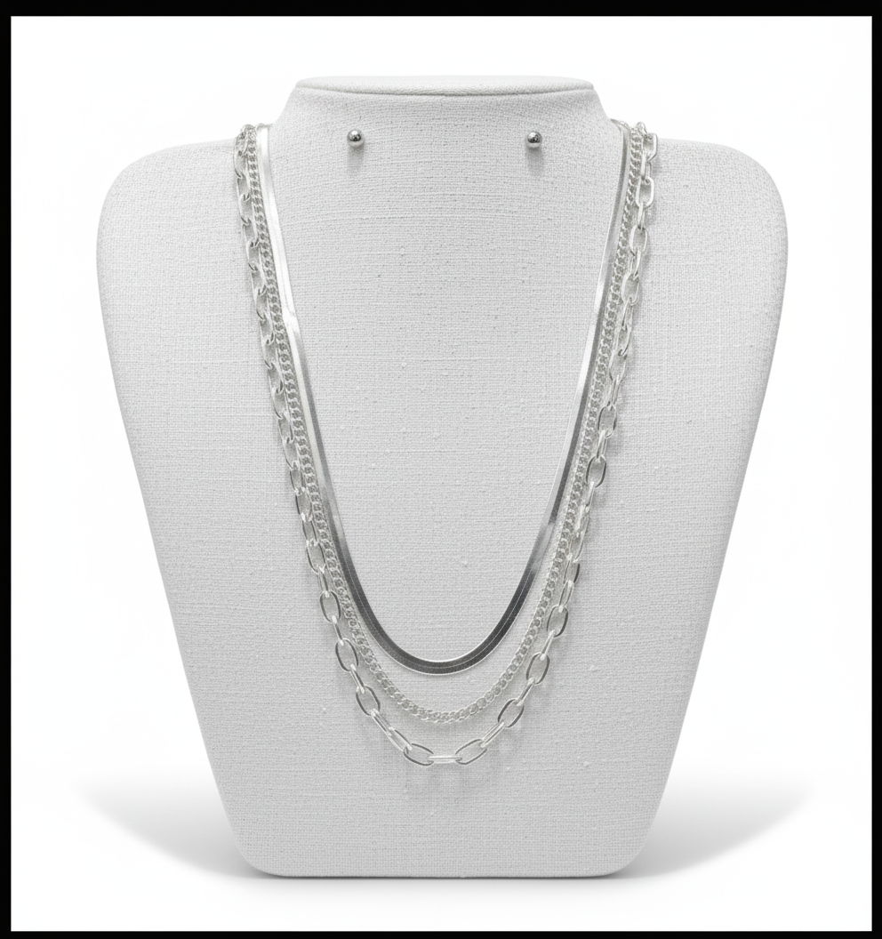 Silver 3 layer chain with earrings