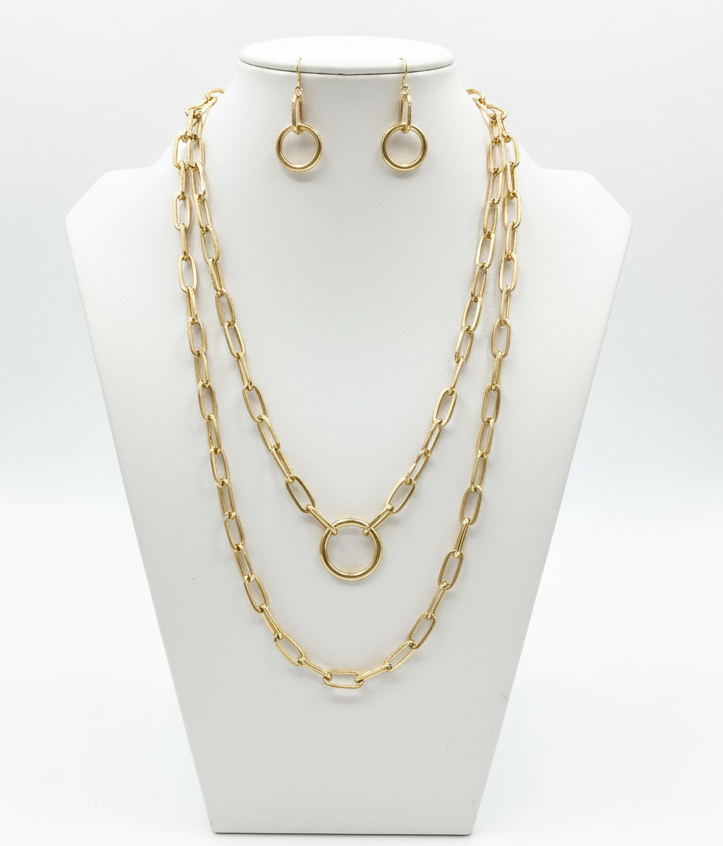 Two-layer gold necklace with earrings
