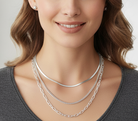 Silver 3 layer chain with earrings